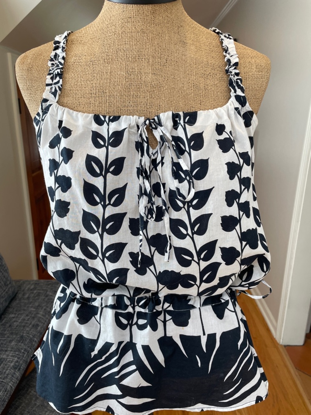 AREA Navy and White Floral Print Tank Top